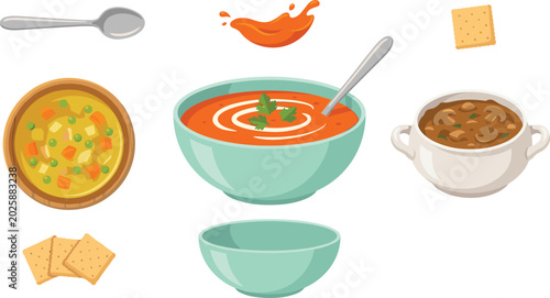 Canvastavla Soup Collection Vector Illustration with Tomato Vegetable and Mushroom Soups Cra