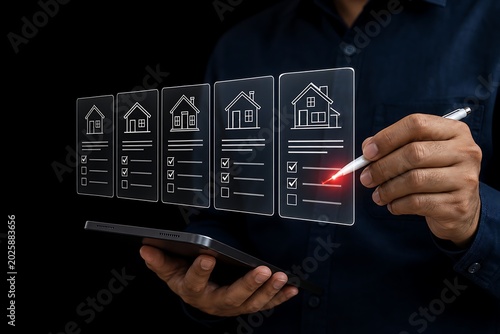 Person holding a phone showing holographic house icons with checklists for property selection.
