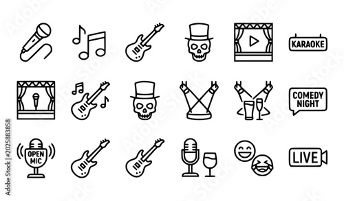 Photos Entertainment icons set music comedy and live performance illustrations
