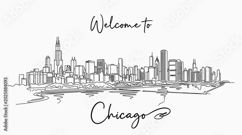 Chicago Skyline Illustration: Welcome Text, Cityscape Sketch, Black Lines