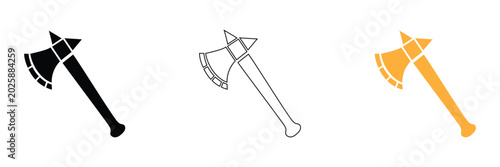 Tableau sur toile Medieval battle axe vector icon set representing ancient weapons, executioner hatchet, and viking warrior tool, available in solid black, thin outline, and bright orange style variations