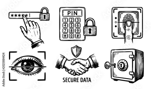 Tableau sur toile Data security illustration set passwords biometrics and confidentiality concepts