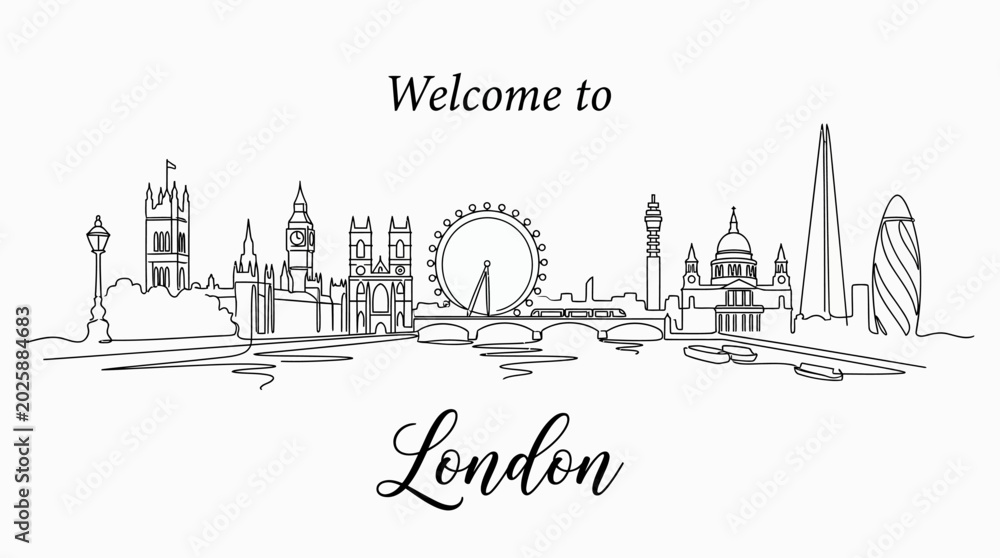Fototapeta premium London Skyline Line Art Illustration - Famous Landmarks Silhouette