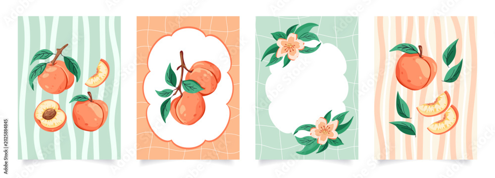 Fototapeta premium Set of posters with peaches. Summer print with sweet fruits and green leaves. Vacation in Spain. Vector design for postcard, banner, kitchen, cover.