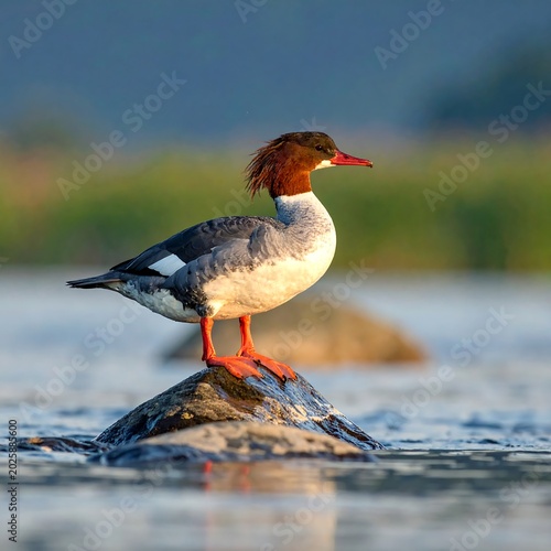 Elegant duck perched on a stone in tranquil waters under soft daylight