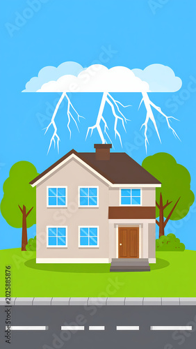 Cartoon house during a thunderstorm with lightning strikes.
