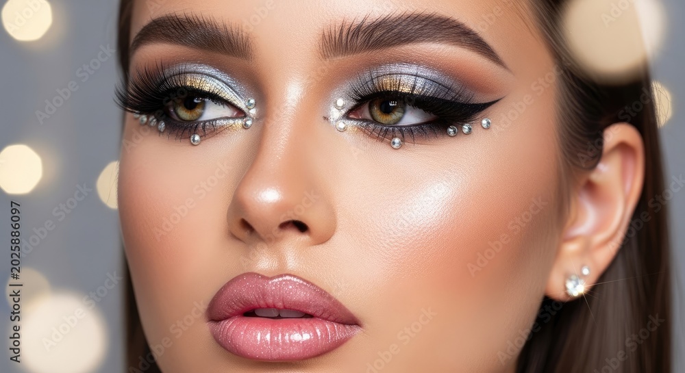 Fototapeta premium A beautiful woman is posing with a stunning, glamorous makeup look. Her face is adorned with shimmering eyeshadow, rhinestones, and eyeliner.