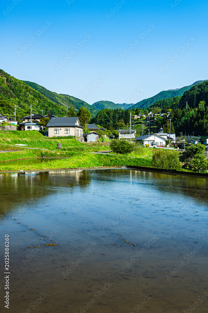 Obraz premium 初夏の美ヶ原高原麓の山村風景と水田への映り込み