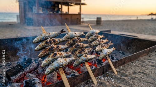 Espeto (food). A realistic photo of grilled sardines on skewers (Espeto), with charred and crispy skin, set over a bed of hot coals, the smoky aroma visible