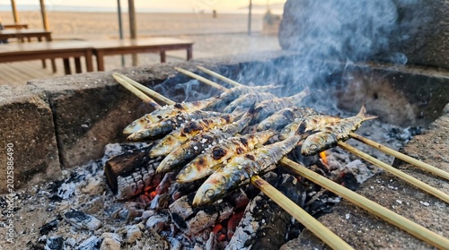 Espeto (food). A realistic photo of grilled sardines on skewers (Espeto), with charred and crispy skin, set over a bed of hot coals, the smoky aroma visible