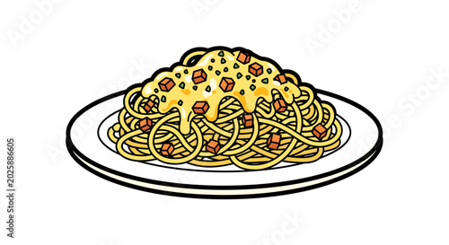 Illustration of spaghetti carbonara neatly arranged on a white plate with creamy sauce and diced garnishes, set against a simple white background