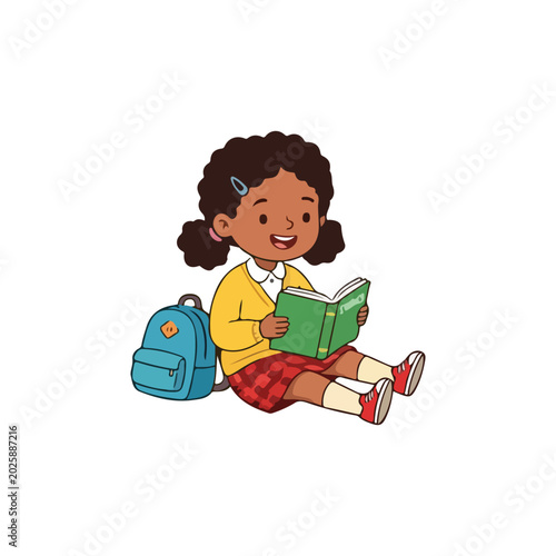 Bilde på lerret Cute African American School Girl Reading Book Vector