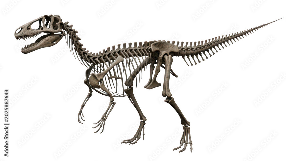 Fototapeta premium Complete dinosaur skeleton fossil display against isolated white