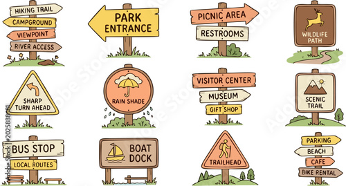 Fotografía Outdoor Park and Nature Signboard Icon Set — Cute Cartoon Vector Illustration wi