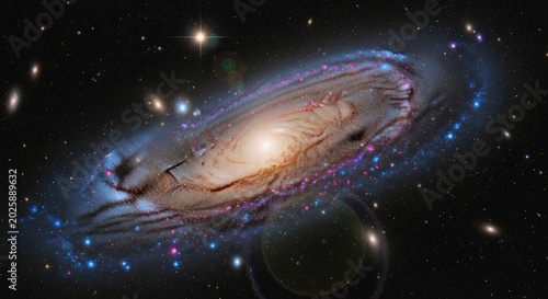The image showcases the Andromeda Galaxy, a spiral galaxy, dominating the frame. It exhibits a prominent, swirling disk of luminous gas and dust, colored in shades of blue, pink, and white.