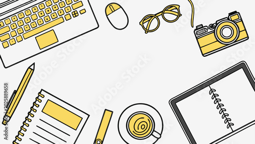 Φωτογραφία Workplace background with laptop and camera office elements