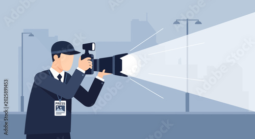 Man holding large flash photography equipment.