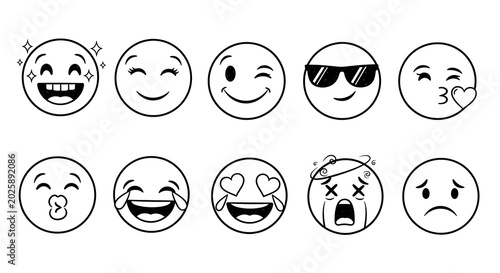 Collection of hand-drawn emoji icons expressing various emotions with emoticons expressions feelings emotions laughing sunglasses surprised