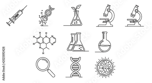 Hand drawn science and medical themed icons in a sketch style a syringe DNA test tubes microscopes chemical structures a magnifying glass virus with test tube white background laboratory research