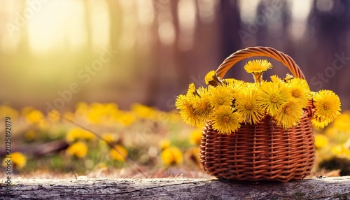 Photos spring landscape with yellow coltsfoot flowers in wicker basket outdoor plant co