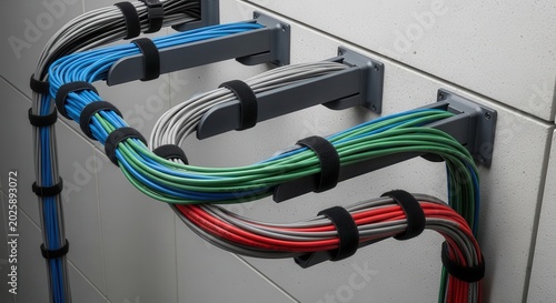 Neatly organized cables managed with straps and mounts in a structured system for optimal data flow and electronic efficiency.