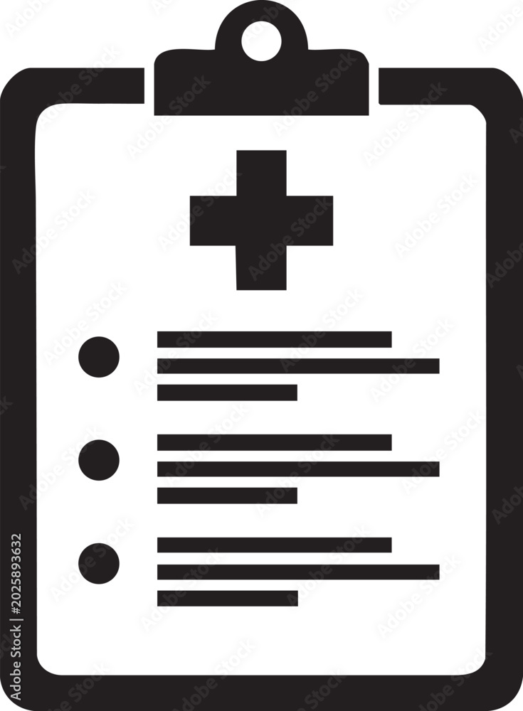 Obraz premium A black and white icon of a medical clipboard with a cross