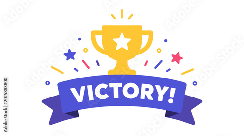 Golden Trophy with Victory Ribbon And Stars.
