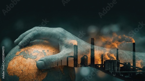 Hand holding globe with industrial factory emitting smoke in double exposure