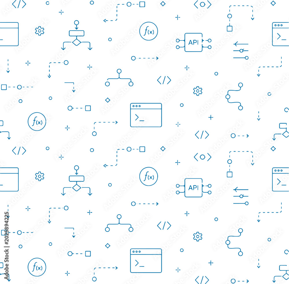 Naklejka premium Seamless Software Developer Inspired Pattern With Programming Flow Icons And Minimal Line Art Vector