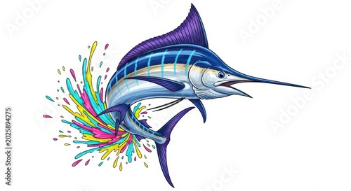 Vibrant Blue Marlin Jumping with Colorful Paint Splash Vector Illustration for Fishing Logo and T-shirt Design