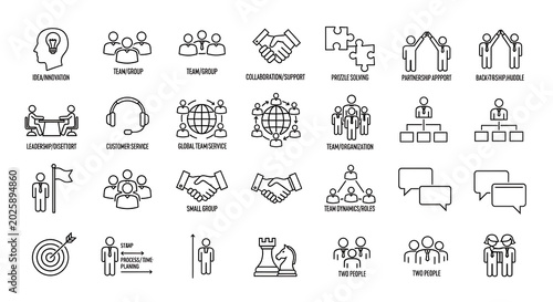 Collection of business and teamwork icons with business teamwork collaboration strategy management handshake organization leadership communication planning structure workflow partnerships