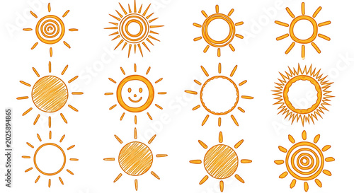Collection of hand drawn sun icons in various designs with happy face collection scribble celestial