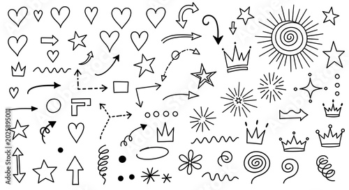 Collection of hand-drawn doodle elements including hearts arrows stars sunbursts with design elements black and white sunburst illustration romantic direction celebration communication