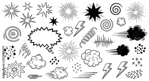 Set of hand-drawn graphic elements: comic bursts lightning bolts clouds abstract shapes with lightning bolt design elements black and white speech bubble sound effect explosion illustration