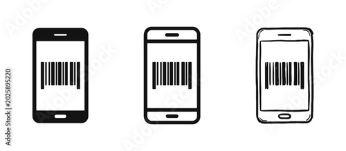 Schilderij op canvas Mobile Barcode Scan Icons Set - Smartphone with Barcode in Silhouette, Line and