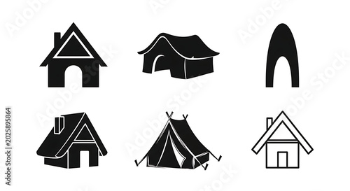 Collection of tent and house icons with camping equipment shelter icon building structure dwelling architecture silhouette collection isolated minimalist