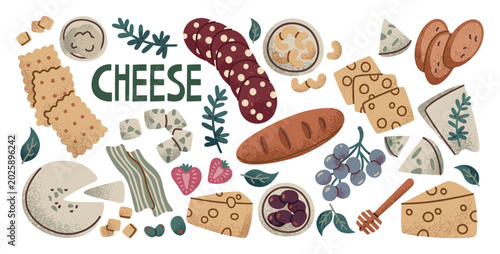 Tableau sur toile Assorted cheese salami bread crackers grapes gourmet spread ingredients with foo