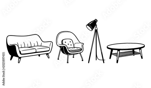 Foto Retro living room furniture line icon set with hand drawn sketch sofa accent arm