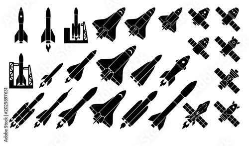 Fotografía Space exploration rocket silhouette vector icon mega set with space shuttle sate