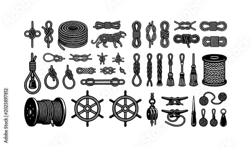 Tableau sur toile Monochrome rope knot and spool icons with braided nautical cord vector designs