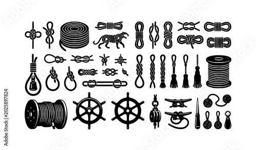 Canvas Print Decorative rope coil and sailor knot silhouette vector collection for marine the