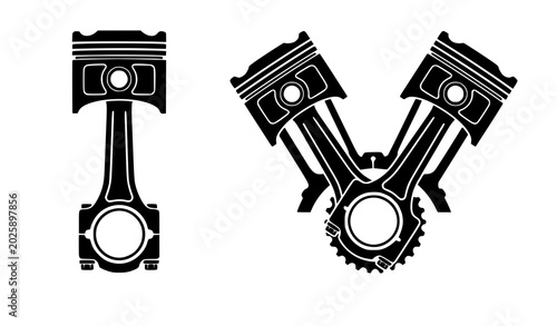 Foto Detailed engine piston vector icon set with single and v twin cylinder mechanica