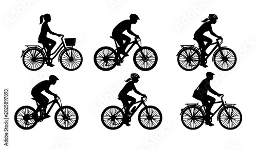 Photos Active people riding bicycles black silhouette vector set with city commuter and