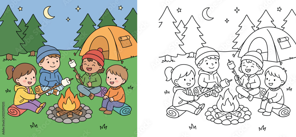 Fototapeta premium Kids camping and roasting marshmallows around campfire coloring book page vector illustration for children's outdoor leisure activities at night with tent and forest landscape.