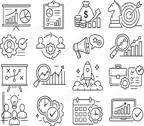 Business management line icons set representing strategy and productivity isolated on a white background for professional corporate branding.