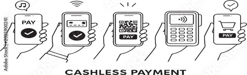 Cashless payment methods illustrated with line icons isolated on a white background for digital business and financial marketing.