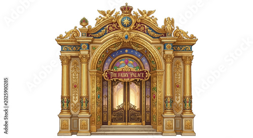 Slika na platnu ornate palace gate illustration with golden details and stained glass