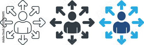 human icon, user icon, person icon, direction arrows, navigation icon, target audience, people symbol, communication icon, leadership icon, management icon, teamwork icon, network icon, business icon,