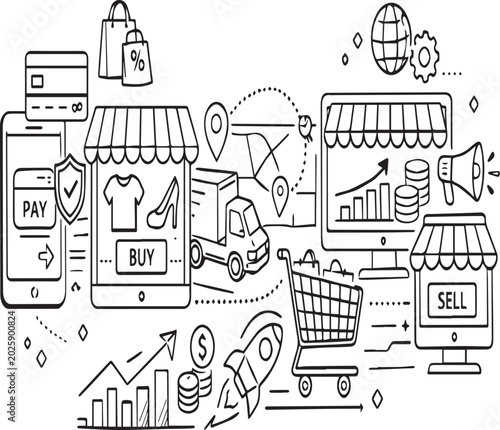 Black and white hand drawn e-commerce doodle icons depicting online shopping processes set against a solid white background.