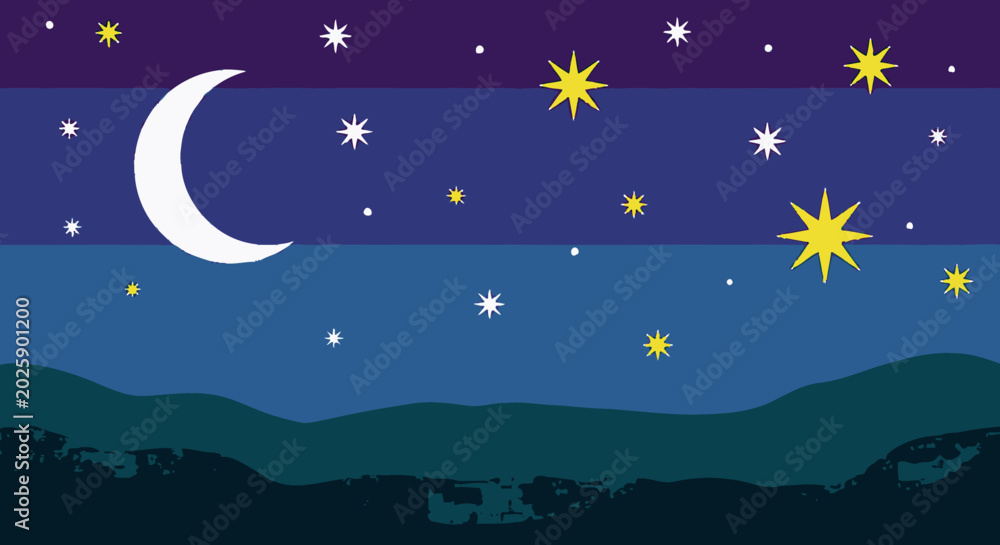 Fototapeta premium Night sky illustration with crescent moon and stars against colorful background